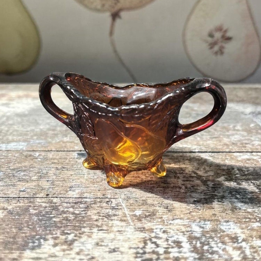 Tiara Glass 'Burnt Honey' Amber Sugar Bowl,‎ Vtg Footed Glassware, Pears Design